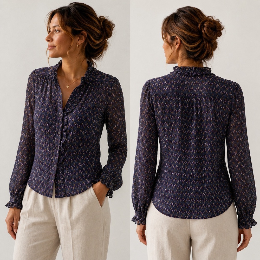 Valentina Store Blouse Women 36 Navy Floral Silk Cotton Plisse Ruffle Button Top
